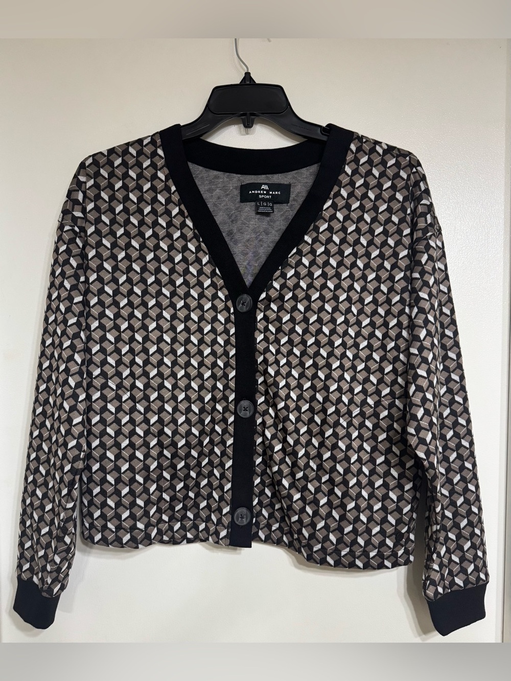 Andrew Marc Black and Taupe Geometric Button-Front Cardigan